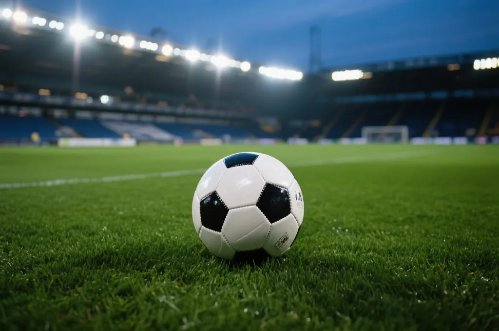 A professional soccer ball resting on the lush green grass of a stadium pitch