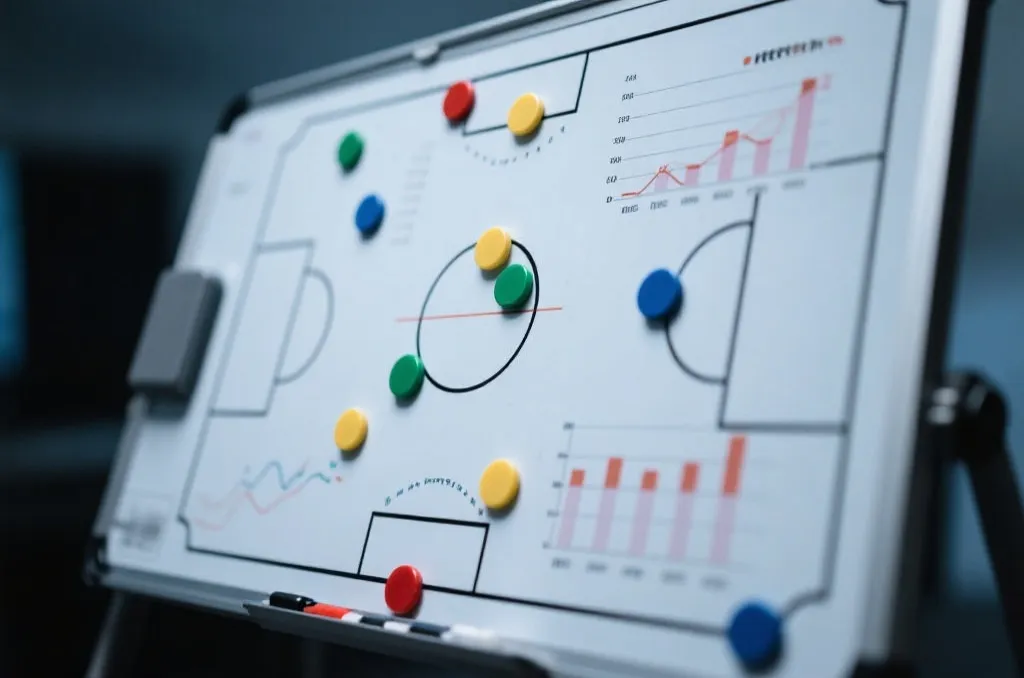 Close-up of a soccer tactical board with magnetic markers and data analytical graphs projected over it, professional analysis style
