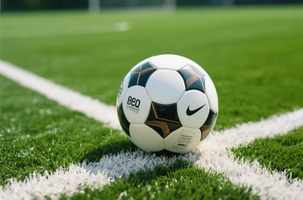 A close-up shot of a professional soccer ball resting on the white line of a lush green football pitch